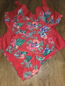 Traje de baño floral tropical hawaiano rojo 4X azul marino antiguo - Imagen 1 de 9