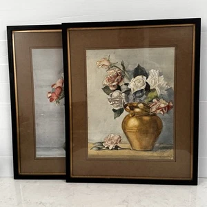 Watercolours 1930’s Art Deco Flowers Still Life On Paper x2 Signed Framed (M) - Picture 1 of 16