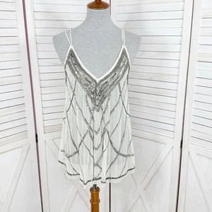 Kimchi Blue Anthropologie Sheer Beaded Camisole Boho Tank Top Ivory Silver Large - Picture 1 of 13