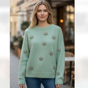 Neu mit Etikett Zara mintgrün verzierter Pullover Stern Kristall Wollmischung Blogger Favorit S - Bild 1 von 11