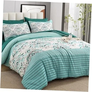 Boho Comforter Set Queen Size, 7 Piece Aqua Bedding Comforters Bohemian Damask - Picture 1 of 8