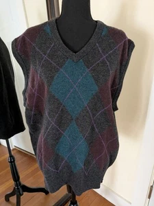 VTG LL Bean 100% Lambswool Argyle Sweater Vest Mens L Grey Turquoise Maroon - Picture 1 of 8