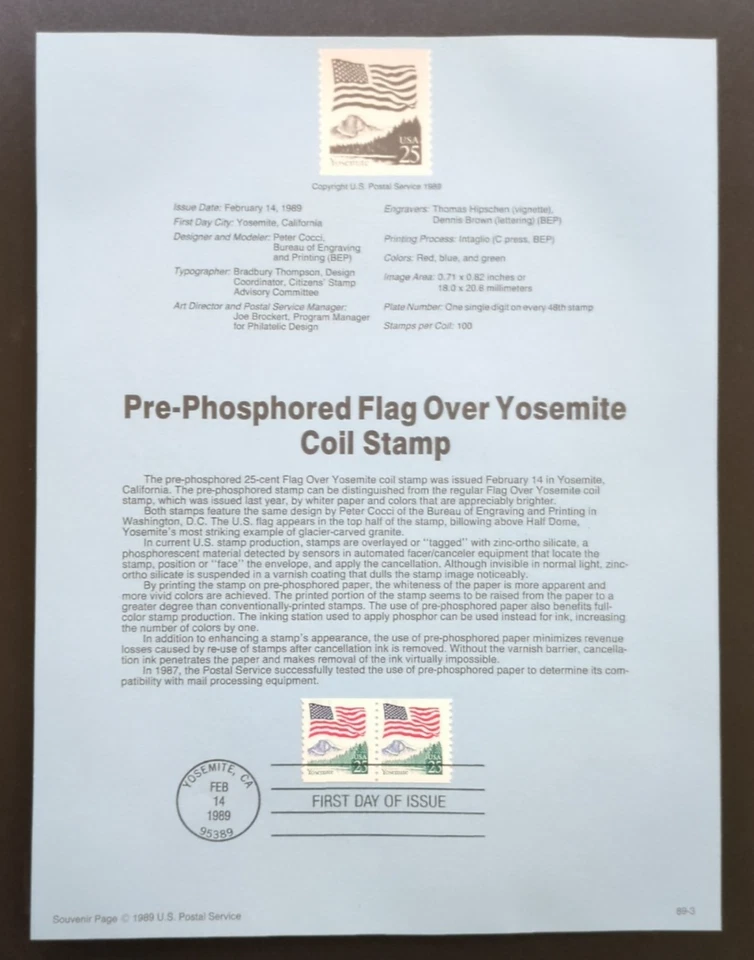 25c Flag Over Yosemite Pre-Phos. 1988 SOUVENIR PAGE SCOTT # 2280c SP788a - Image 1 of 1