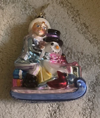 Christopher Radko Fritz y niño helado y muñeco de nieve en un trineo adorno de Navidad Foto 1 de 4