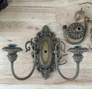 Pair Antique Art Deco Cast Metal 2 Arm  Sconce w/Glass Shades Light Craft of CA - Picture 1 of 20