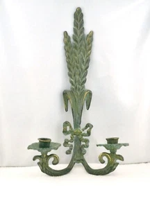 VTG Brass Wheat & Ribbon Candle Holder Wall Sconce Verdigris Patina - Picture 1 of 4