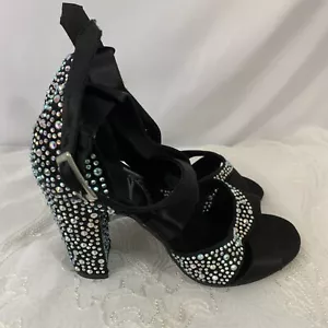 Scarpe da ballo sala da ballo latino NERE STRASS TG 8 G Franco tacco a blocco - Foto 1 di 8