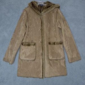Women’s Faux Suede & Faux Fur Hooded Coat Button Front Size Medium Tan - Picture 1 of 12