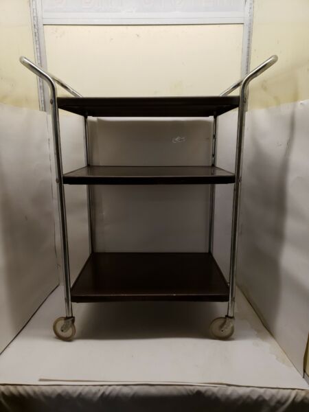 VINTAGE 3 TIER ROLLING KITCHEN CART WITH WOODEN WHEELS, YELLOW/CHROME