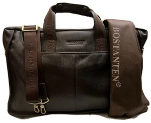 NWOT BOSTANTEN BRIEFCASE COMPUTER BAG BROWN PEBBLE LEATHER ZIPPED DUST BAG - Picture 1 of 7