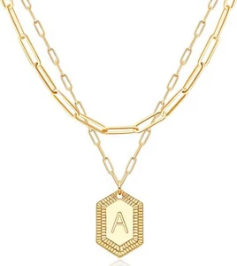 Dainty Gold Initial Necklace for Women 18K Gold Plated Layered Paperclip Link - Picture 1 of 4