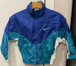 Vtg 90s Y2K Nike Swoosh Zip Windbreaker Jacket Blue Aqua White Youth Size 5/6 - Picture 1 of 4