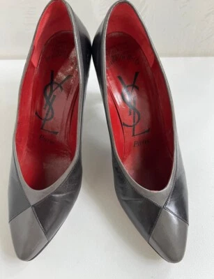 YSL Paris Black and Gray Leather, Heels 3 ½ N - Image 1 of 4