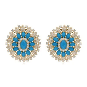 8.54 Tcw Natural SI/H Diamond Arizona Turquoise Stud Earrings 18k Yellow Gold - Picture 1 of 11