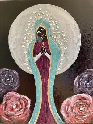Original Our Lady of Guadalupe Acyrlic Hand Painted Canvas Art 10x8" Crystals - Image 1 of 4