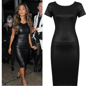 DAMEN FRAUEN FLÜGELÄRMEL PVC WETLOOK KUNSTLEDER BODYCON MIDIKLEID GRÖSSE 8-22 - Bild 1 von 2