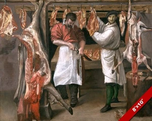 MEN BROTHERS IN THE BUTCHER’S SHOP MEAT HANGING PAINTING ART REAL CANVAS PRINT - Picture 1 of 1