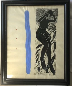 Original Art Linocut Print Of Nude Woman & Flowers Wall Hanging 18”x 22” Signed - Picture 1 of 6