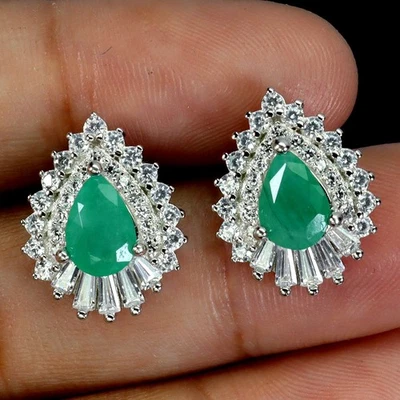 925 Sterling Silver Earrings Pear Emerald 7x5mm Natural Gemstone Jewelry - Image 1 of 4