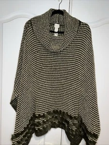 Chico’s Green Gold Shawl One Size OS Net Pullover Crochet Knit Shimmer Faux Fur - Picture 1 of 16