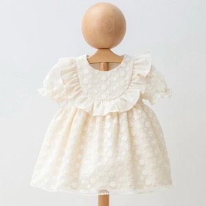 Baby Girl Floral Lace Dress, Short Puff Sleeve,Ruffle Collar, Cream 18-24 Months - Picture 1 of 3