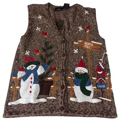 VTG Christmas Embroidered Sweater Cardigan Vest Brown Holiday Snowman Size small - Image 1 of 4