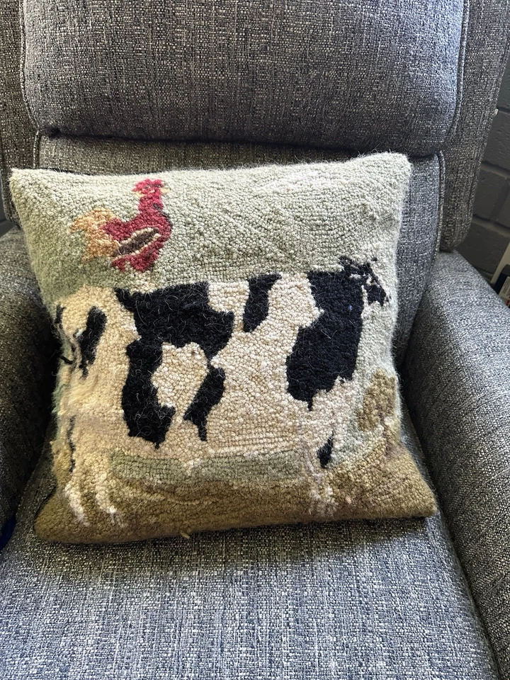 Needlework Dairy Cow Bird Folk Art Pillow Zipper Back Removable Pillow 16”  - Image 1 of 4