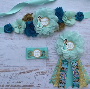 Conjunto de cinturón de faja de baby shower princesa jazmín, prendedor de papá y prendedor de mamá - Imagen 1 de 3