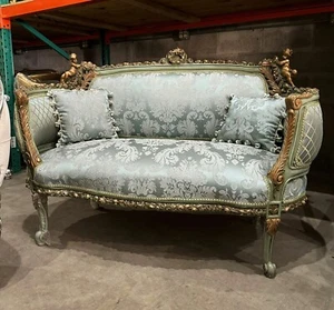 Baroque Style Blue Sofa Interior Design Gold Leaf Details French - Picture 1 of 5