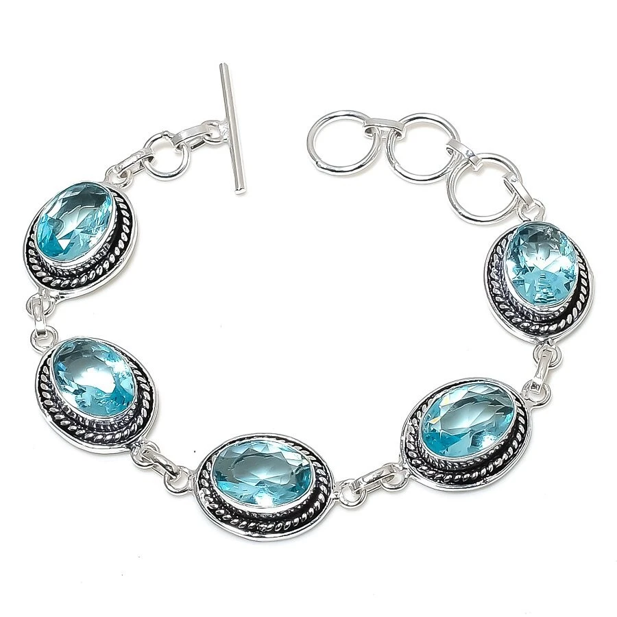 Aqua Aquamarine Gemstone Handmade 925 Sterling Silver Jewelry Bracelet Size 7-8" - Image 1 of 1