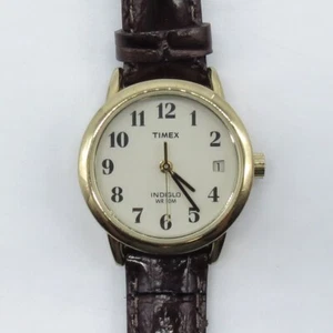 Timex Indiglo Damenuhr 25mm rundes Zifferblatt goldfarben braunes Lederband, läuft - Bild 1 von 15