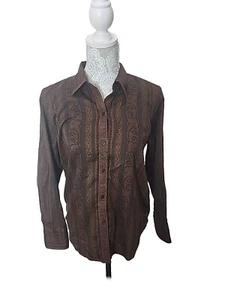 LAUREN Ralph Lauren Shirt Womens Brown Striped Paisley Long Sleeve Wide Cuff L - Picture 1 of 9