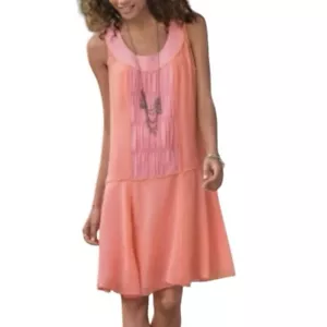 Sundance Coral and Pink Silk Pleated Drop Waist Knee Length Sleeveless Dress 12 - Picture 1 of 12