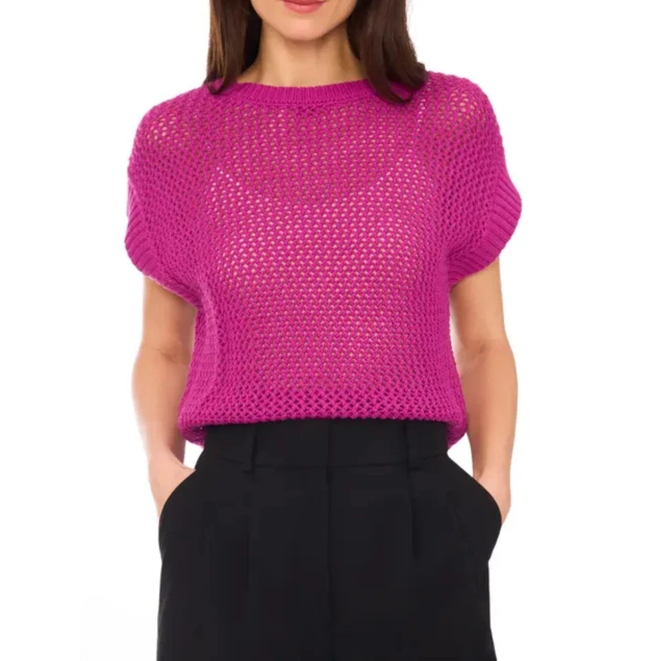 Chaleco Suéter Halógeno Punto Abierto Algodón Talla Grande Magenta Cuello Redondo Foto 1 de 4