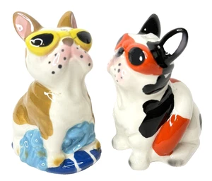 ACIMI HOME French Bulldogs Stoneware Salt & Pepper Shakers Beach Ready Brand New - Picture 1 of 8