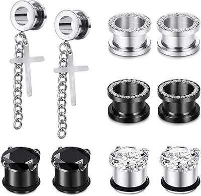 6 Pairs Stainless Steel Ear Gauges CZ Diamond Plugs Tunnels Ear Expander Stretch Foto 1 de 4