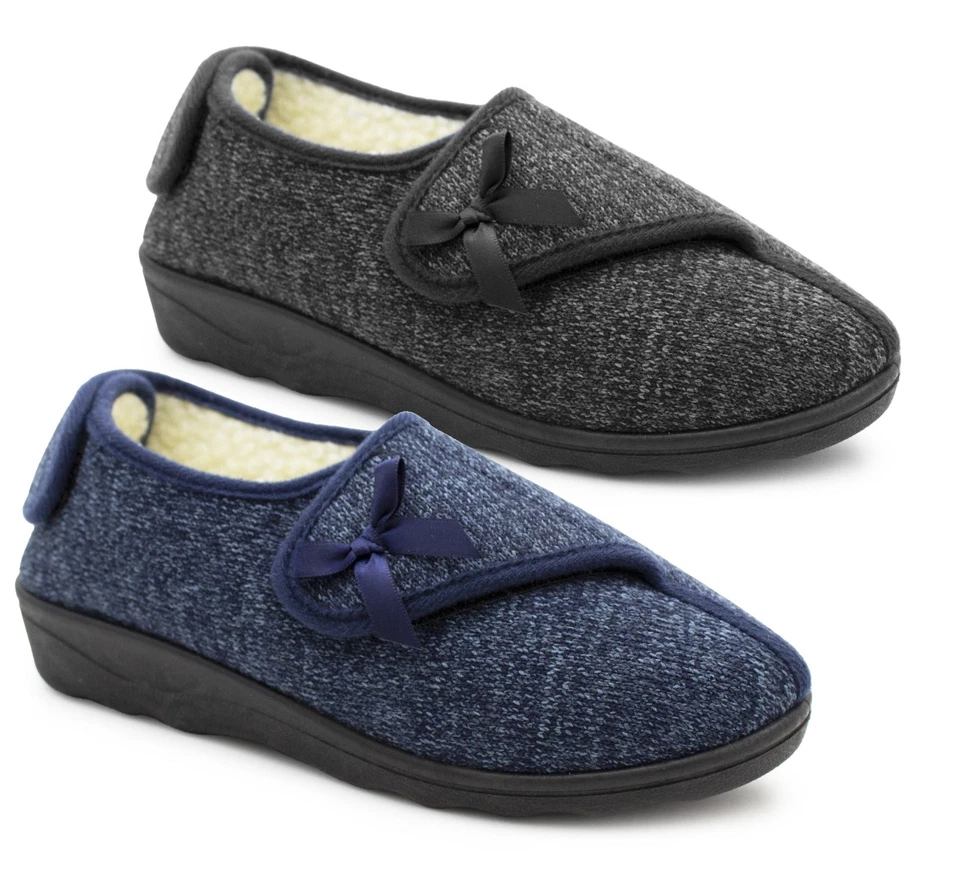 IMTY Womens Slippers Warm Fleece Line Touch Fasten Wide Open Diabetic Ladie Slippers