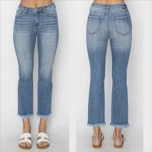 Risen Jeans Straight Leg Raw Hem Jeans Size 1XL Medium Wash Stretch - Picture 1 of 9