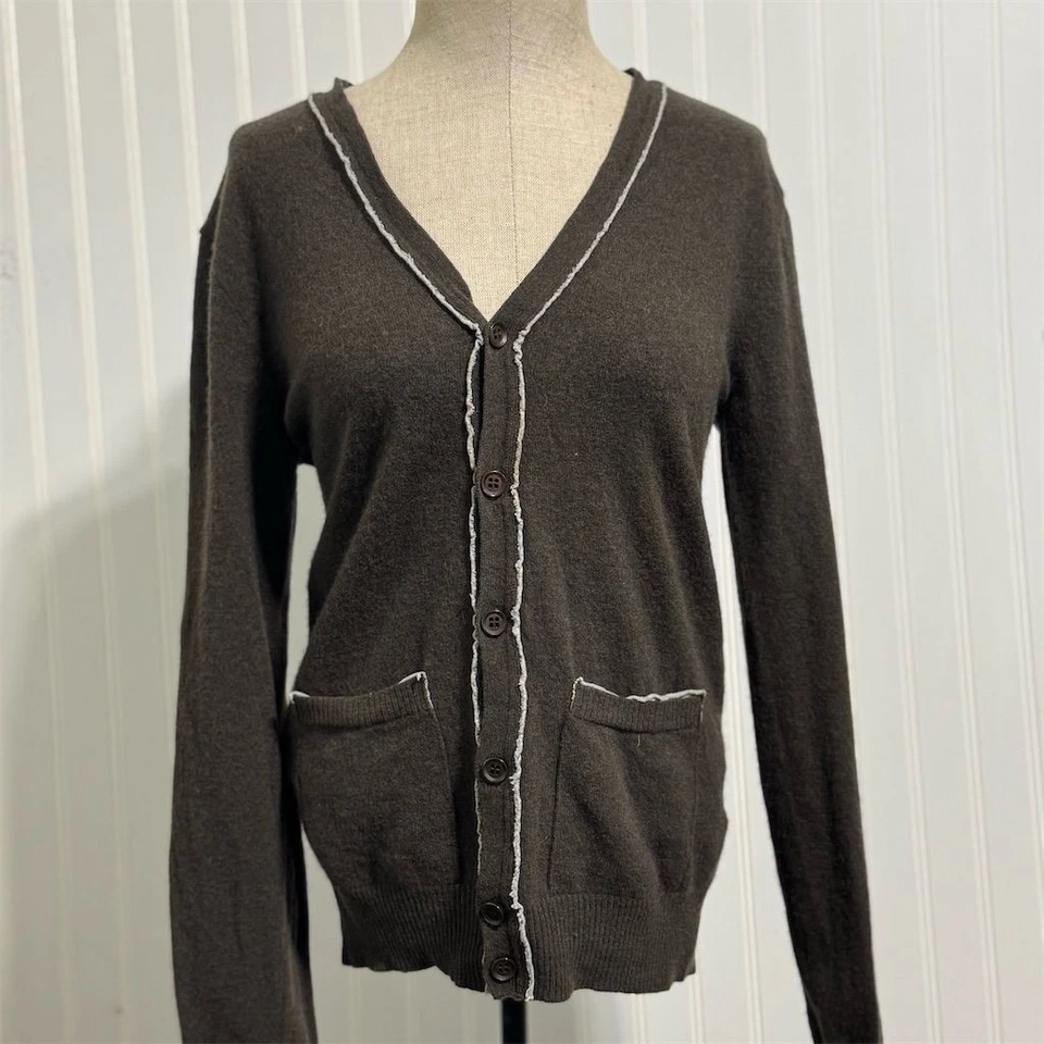 Cárdigan suéter SISLEY 80 % lana M marrón oscuro costuras en contraste parches en el codo Foto 1 de 4