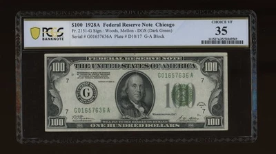 DBR 1928-A $100 DGS FRN Chicago Fr. 2151-Gdgs PCGS-B 35 Serial G01657636A - Image 1 of 2
