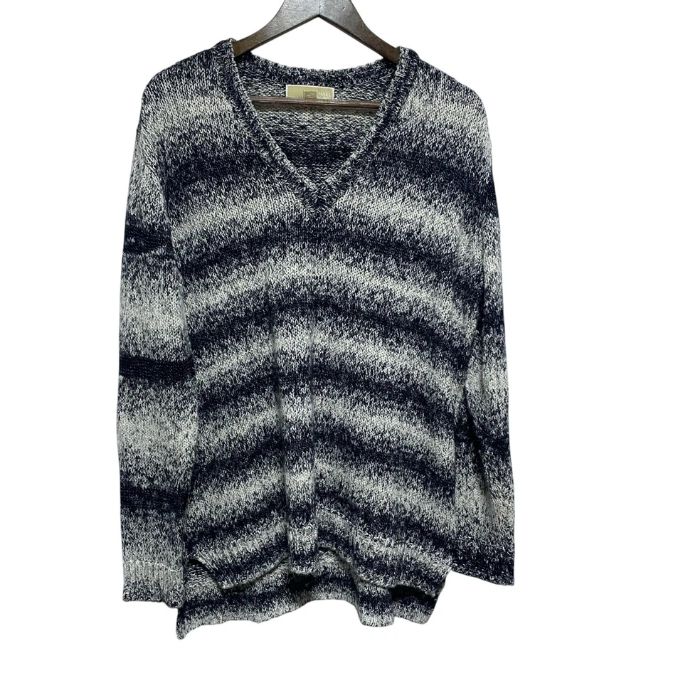 Suéter Michael Kors Mujer XL Negro Gris Rayas Cuello en V Tejido Mármol Manga Larga Foto 1 de 4