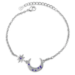 Women Girl Sterling Silver Plated Moon Star CZ Chain Bracelet 8" Gift B15 - Picture 1 of 3