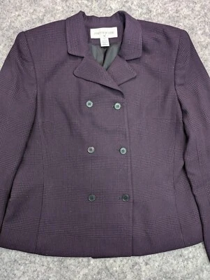 复古 JONES 纽约西装外套女式 10 勃艮第黑色格子双排扣 — 第 1/4 张图片