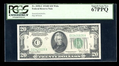 DBR 1934-D $20 Philadelphia Fr. 2058-Cw Wide Superb Gem 67 PPQ Serial C63435628A - Image 1 of 2