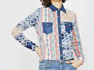 DESIGUAL SIZE XXL (10, 12, 14, ) MAURICIA DENIM, LACE, EMBROIDERY SHIRT / BLOUSE - Picture 1 of 9
