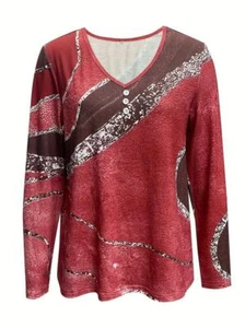 Fashion Women Red Print V Neck Button T-Shirt Casual Long Sleeve Clothing - Picture 1 of 6