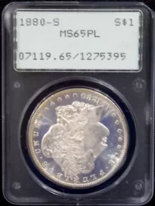 1880 S Morgan Silver Dollar $1 PCGS MS65 PL Rattler PROOF LIKE OGH GEM Unc BU - Picture 1 of 2