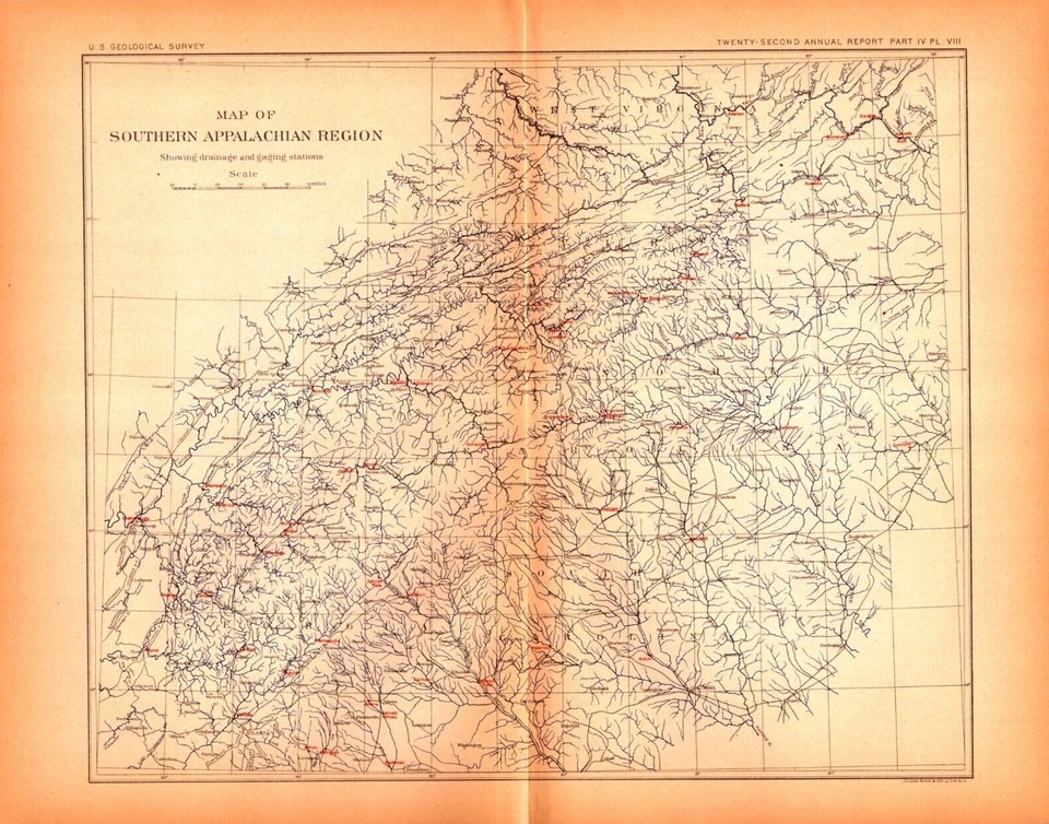 Antique Southern Appalachian Drainage Map – USGS Watershed Lithograph 1902 - Image 1 of 1
