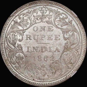 India (British) 1862 Silver Rupee KM#473.1 NGC MS62 - Picture 1 of 2