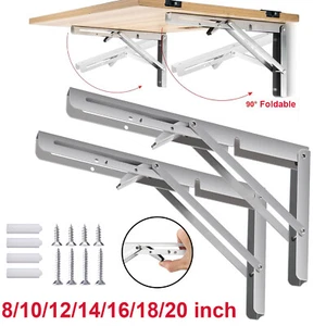 2 Pcs Folding Heavy Shelf Bracket Stainless Wall Mounted Collapsible 8-20inch - Picture 1 of 21